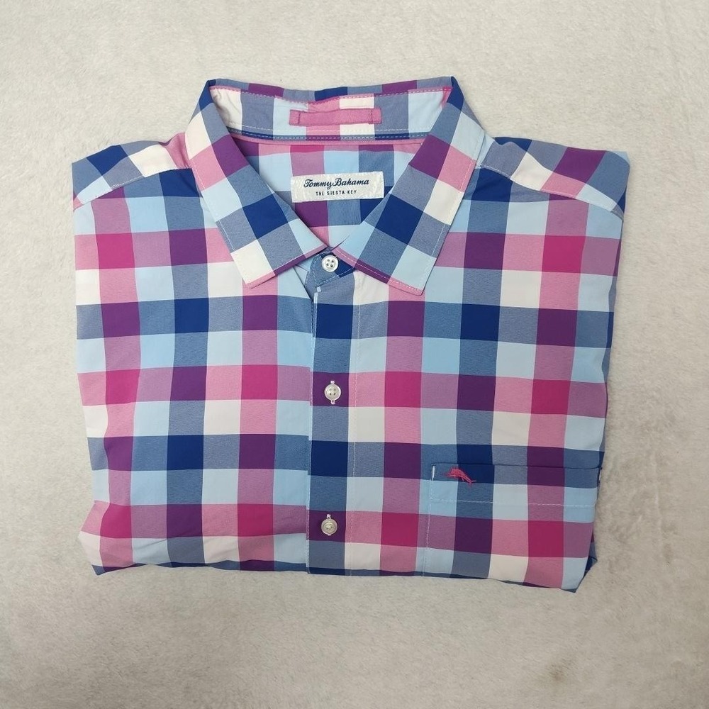 Tommy Bahama Shirt Mens XL Blue Red Check Siesta Key Nylon Stretch Pocket Button